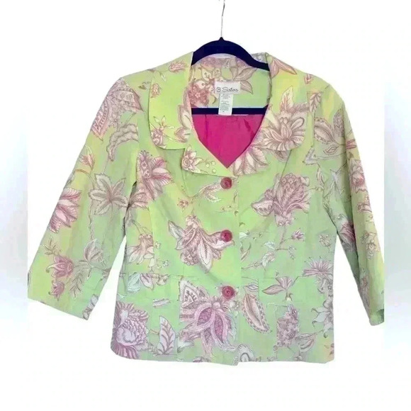 3 Sisters Green & Pink Lined Short Blazer Jacket Size Medium Floral Feminine - Picture 1 of 9